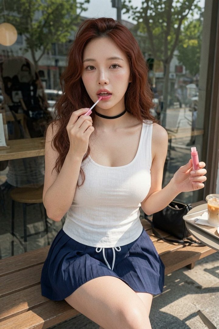 A young East Asian woman with long, wavy brown hair applies lip gloss while sitting outdoors at a cafe, wearing a white tank top and a navy blue skirt.