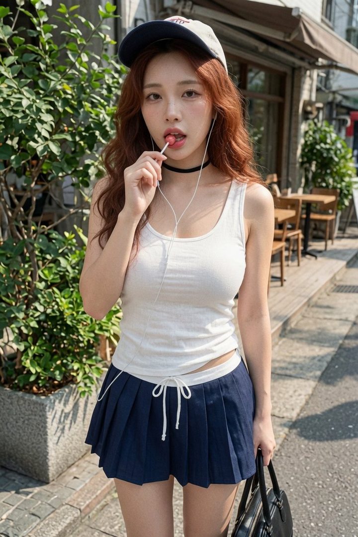 A young woman with long, wavy red hair, wearing a white tank top, a navy blue pleated skirt, and a baseball cap, holds a lollipop and listens to music with earbuds.