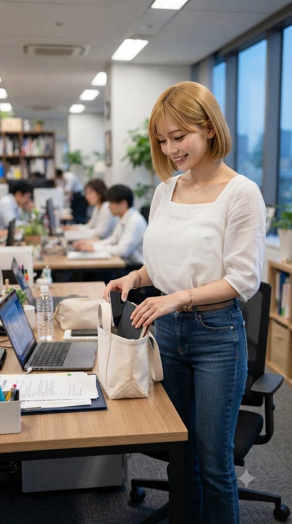 A young woman with short blonde hair smiles as she puts items into a tote bag at an office desk.