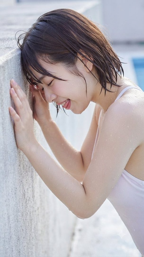 A young woman with wet hair leans against a textured wall, wearing a white swimsuit, with a playful expression.