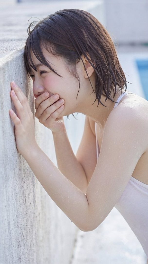 A young woman in a white swimsuit, with wet hair, covers her mouth and laughs while leaning against a concrete wall near a swimming pool.