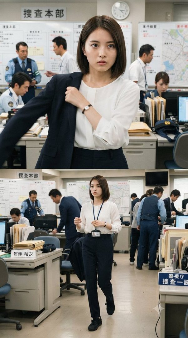 A young woman in a white blouse and dark suit jacket stands in an office environment, looking serious.