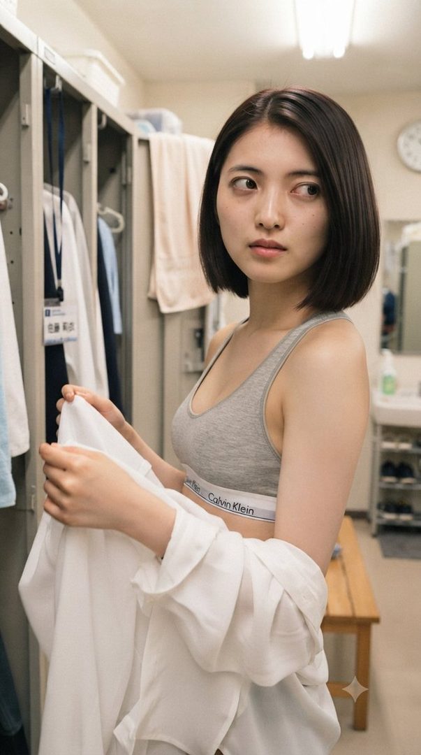 A young woman with short black hair wearing a grey Calvin Klein sports bra and a white open shirt, standing in a locker room.