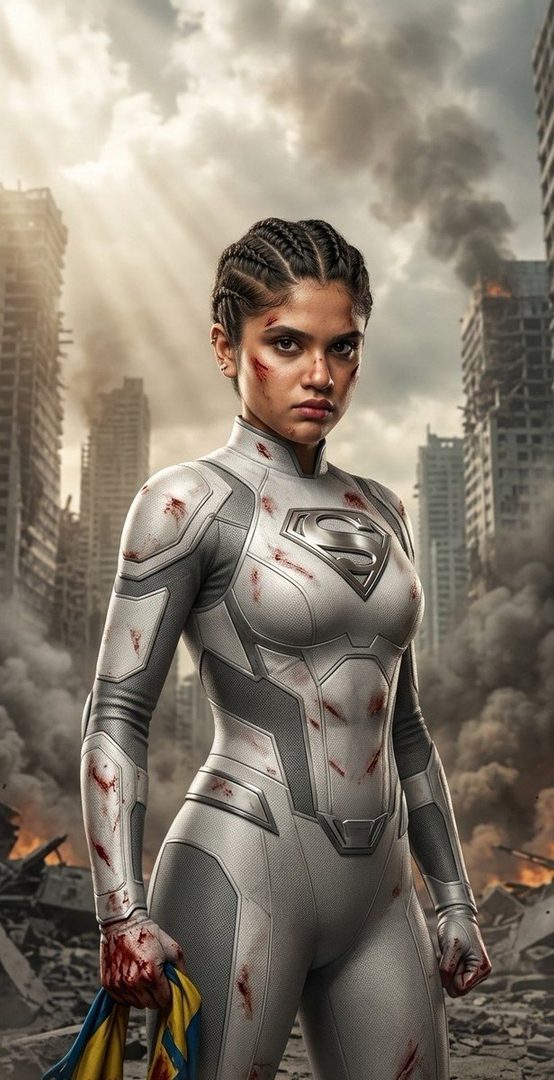 A battle-worn female superhero in a white suit with a Superman emblem stands in a devastated city, holding a torn yellow and blue fabric.