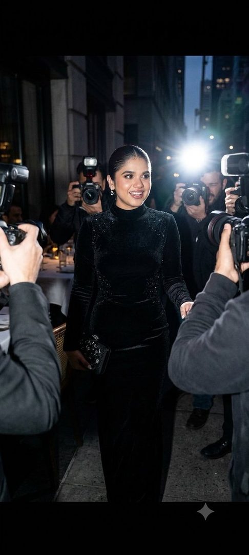 A woman in a black velvet dress is photographed by paparazzi as she leaves a restaurant at night.