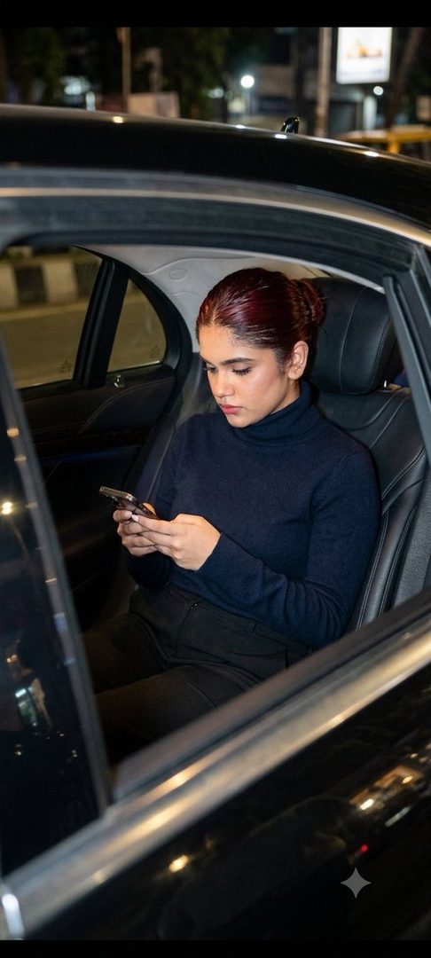 A woman with red hair in a dark turtleneck sweater sits in the back of a car at night, looking at her phone.