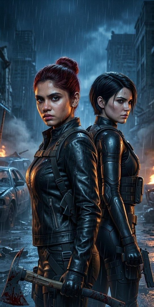 Two women in tactical gear stand back-to-back in a rainy, ruined city at night, one holding a bloody axe and the other a pistol.