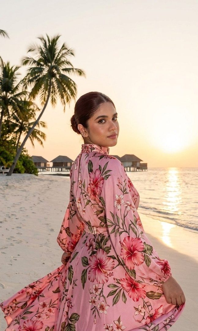 A woman in a pink floral dress stands on a beach at sunset, looking over her shoulder.