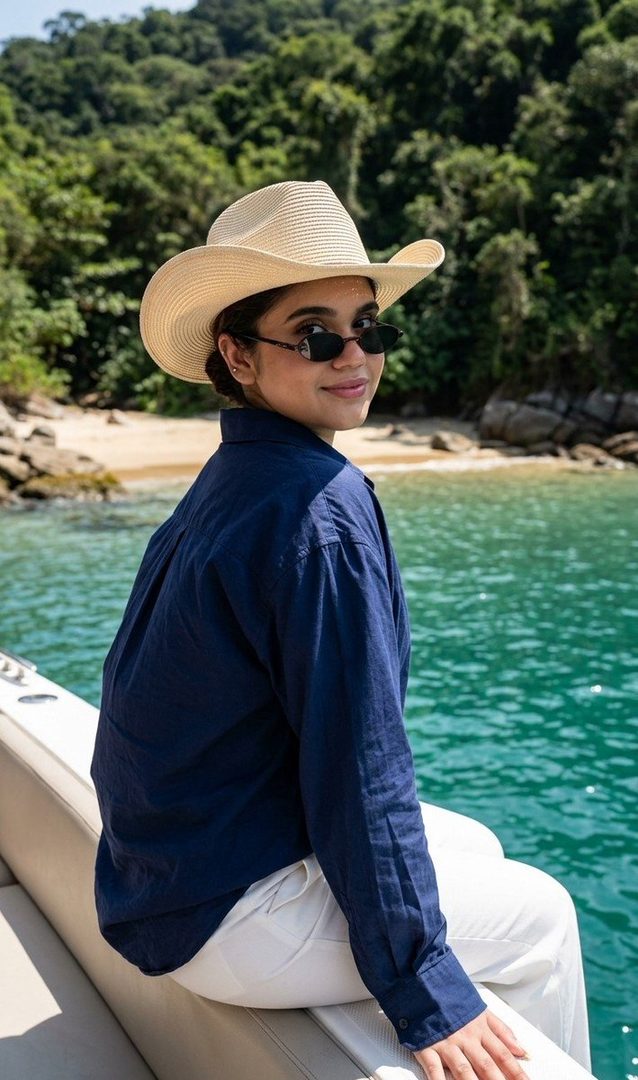 A woman wearing a straw cowboy hat and sunglasses sits on the edge of a boat, looking over her shoulder with a calm smile. She is wearing a navy blue oversized shirt and white pants, with the turquoise sea and a lush green hillside in the background.