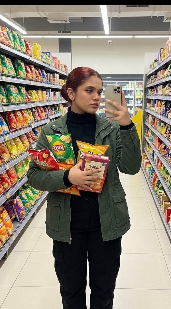 A young woman with her hair in a bun takes a selfie in a supermarket aisle, holding several bags of chips and a box of snacks.