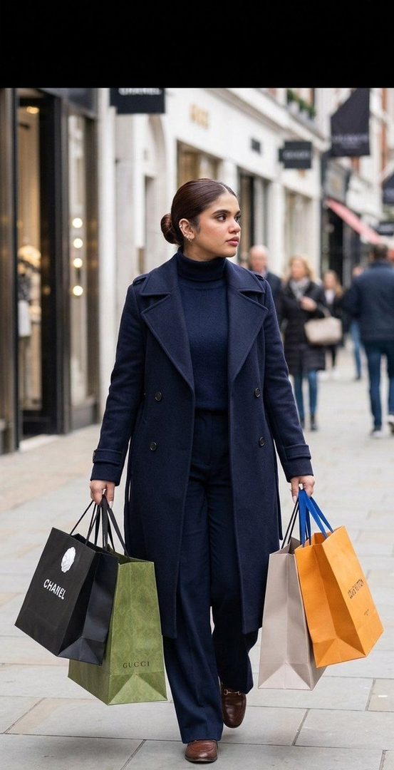 A woman in a navy coat and trousers walks down a city street carrying several luxury shopping bags.