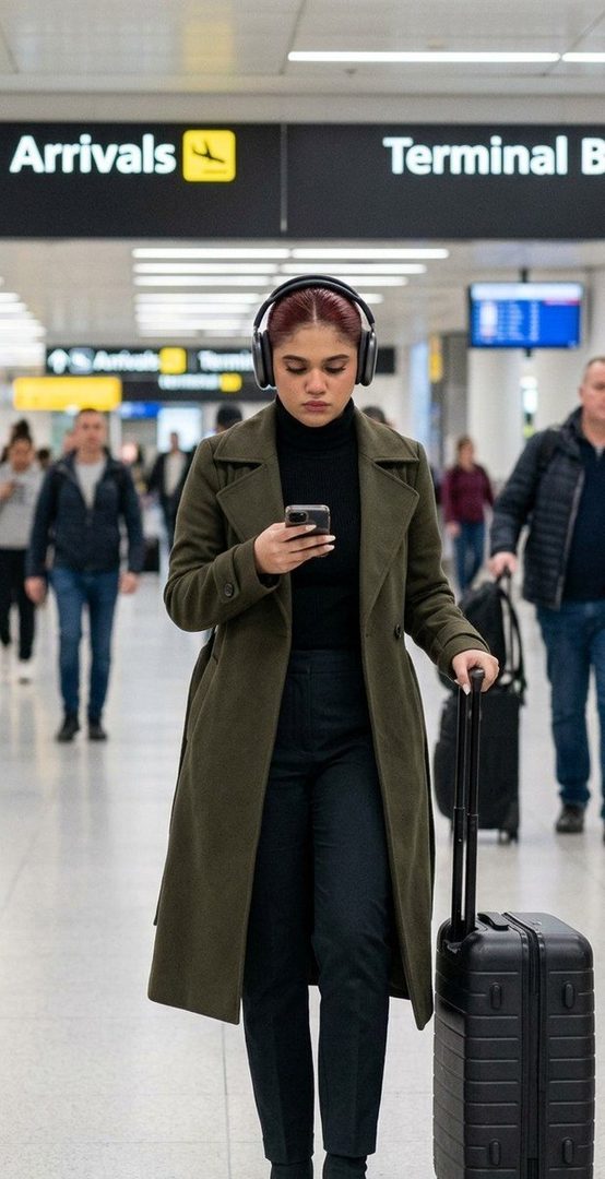 A woman in a green coat and headphones walks through an airport terminal, looking at her phone and pulling a black carry-on suitcase.