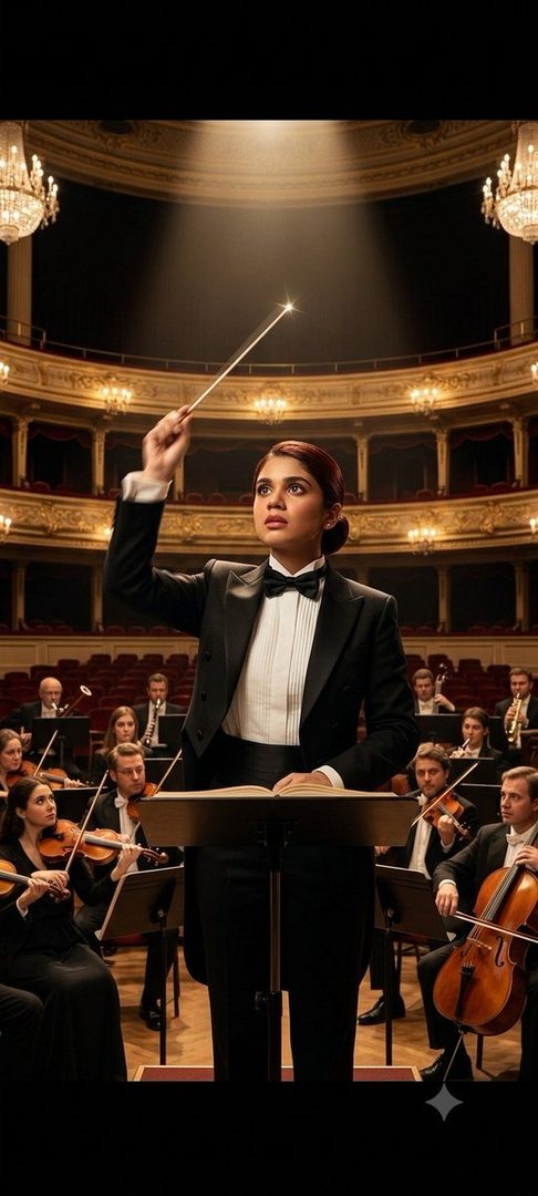 A female conductor in a black suit and bow tie leads an orchestra in a grand concert hall, illuminated by a spotlight.