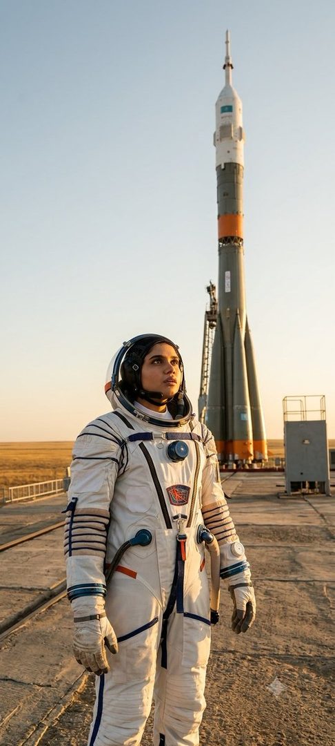 A young woman in a white cosmonaut suit stands proudly in front of a towering rocket at sunset, looking up with awe.