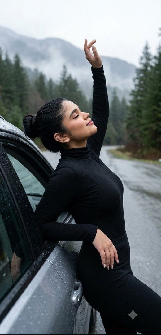 A woman in a black turtleneck leans against a car on a rainy mountain road, with her arm raised and eyes closed in serene enjoyment.