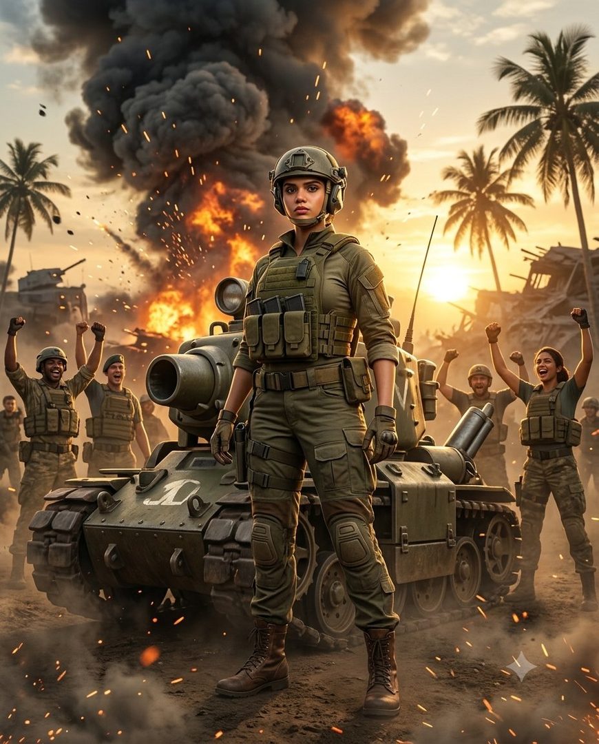 A female soldier in tactical gear stands confidently beside a tank, with explosions and celebrating soldiers in the background during a golden hour sunset.