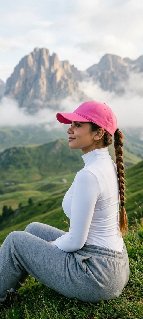 A woman in a pink baseball cap and white long-sleeve top sits on a grassy mountain slope, looking out at the misty peaks during golden hour.