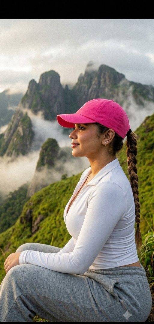 A woman in a pink baseball cap and white long-sleeve top sits on a mountain, looking out at foggy peaks during golden hour.