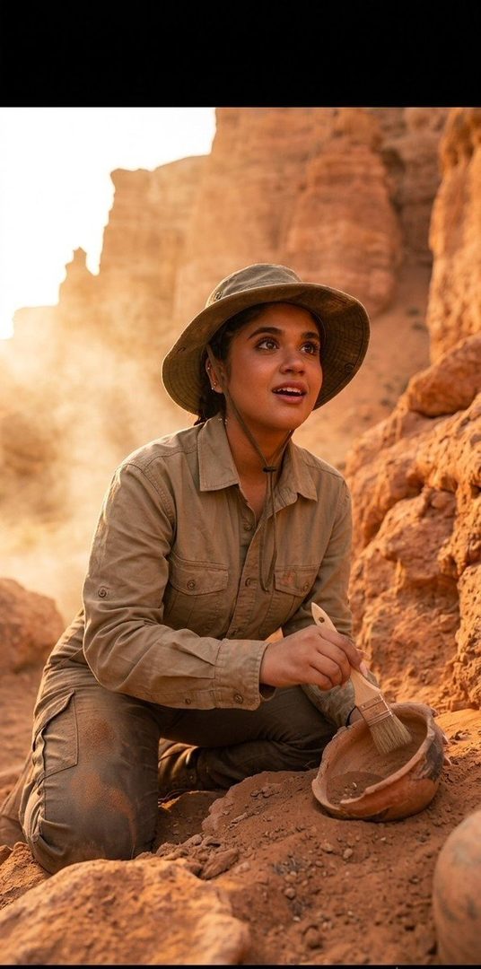 A young woman in a hat and explorer's outfit kneels in a desert canyon, brushing dust from an ancient artifact with an expression of wonder.