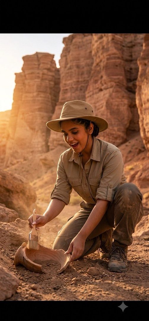A young woman in a hat and explorer's outfit kneels in a desert canyon, brushing dust off an ancient artifact with a look of excitement.