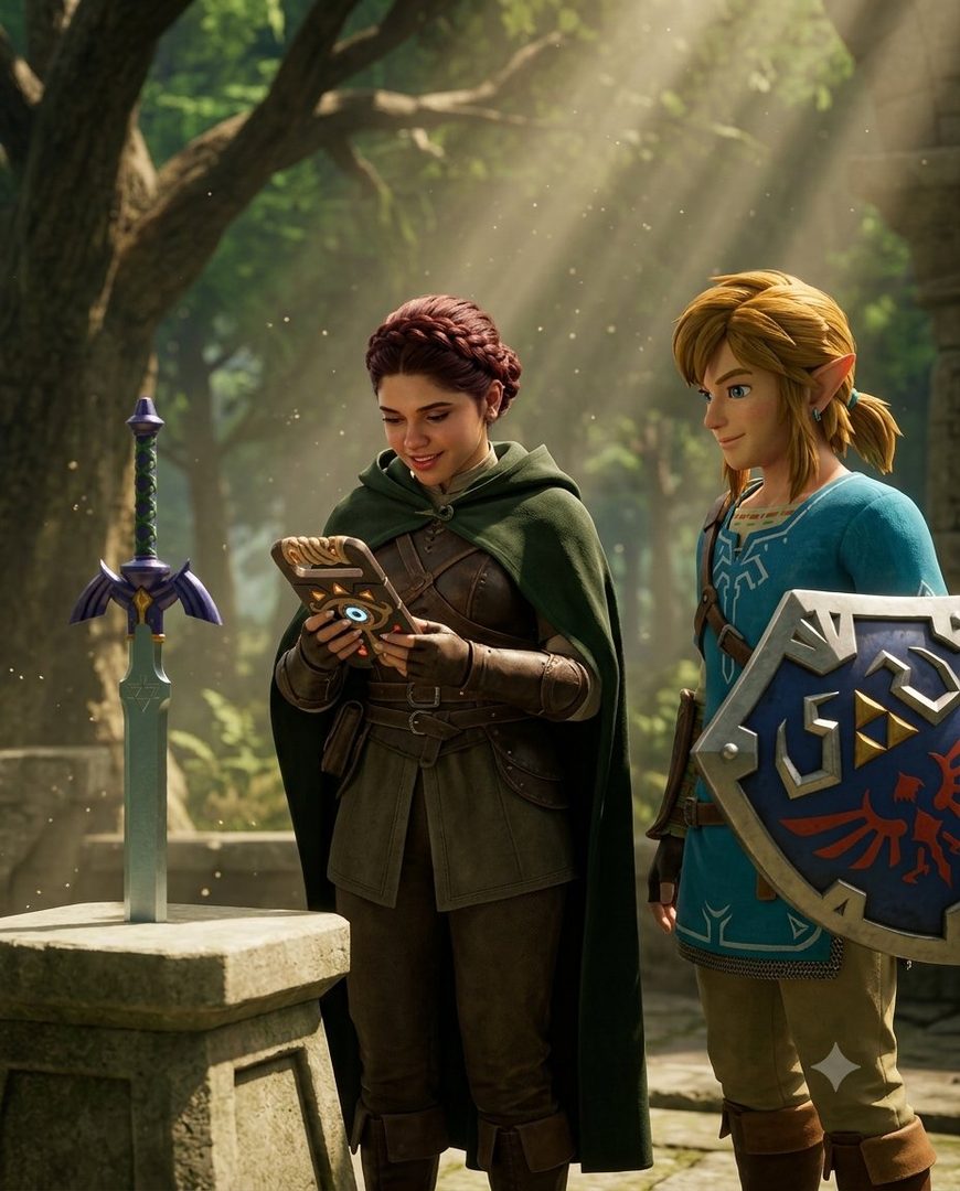 A female adventurer and Link from The Legend of Zelda explore an ancient temple, with the Master Sword nearby.