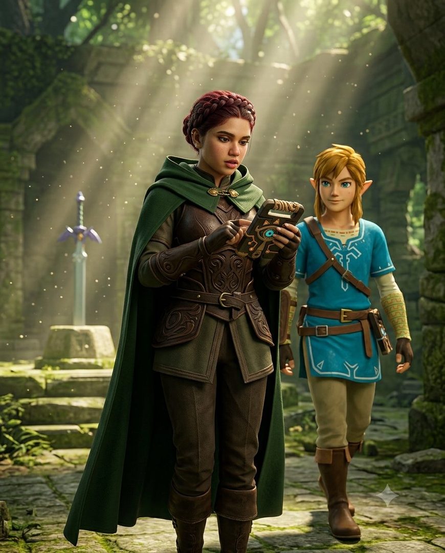 A female adventurer in medieval-inspired clothing and a green cloak examines a Sheikah artifact, while Link, dressed in his iconic blue tunic, walks beside her in an ancient, sun-dappled temple ruin.