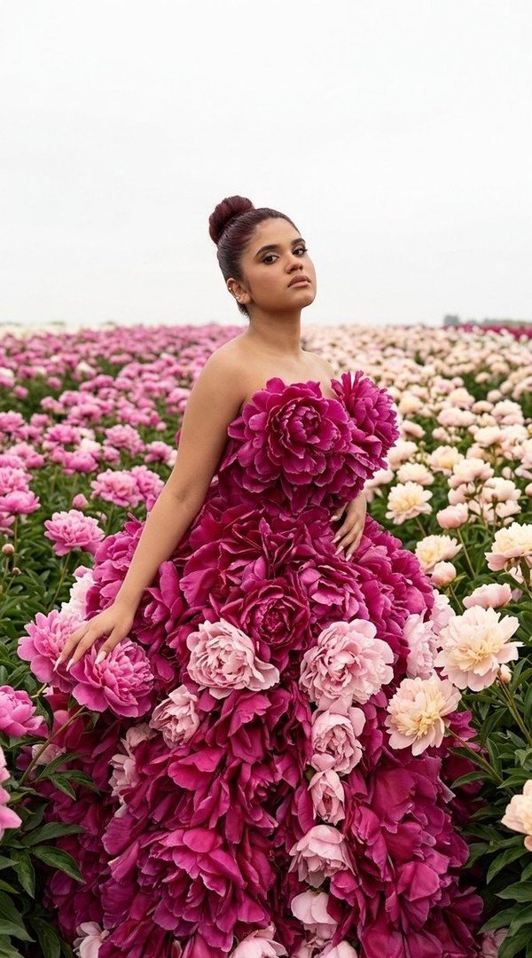 A woman in a voluminous dress made of pink and magenta peonies stands in a field of flowers.