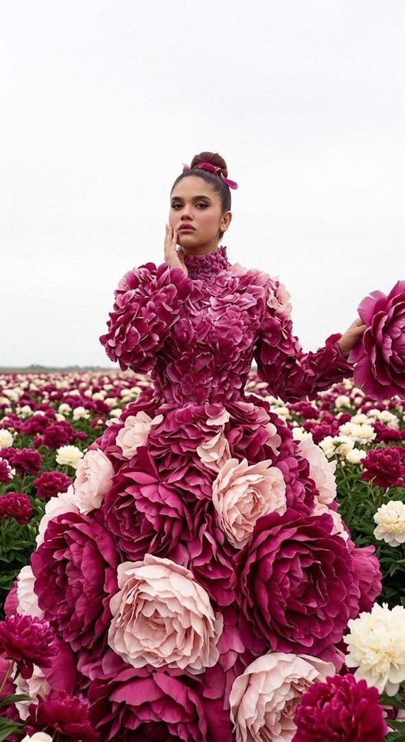 A woman in a voluminous floral gown made of peonies stands in a field of flowers.