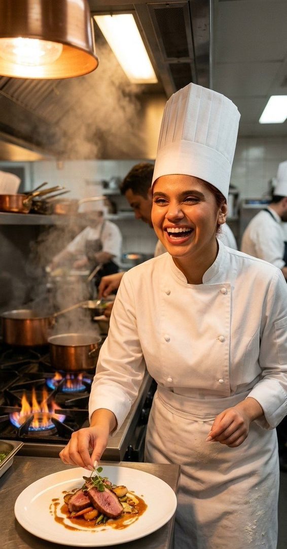 A joyful female chef in a white uniform is meticulously garnishing a dish in a bustling professional kitchen.