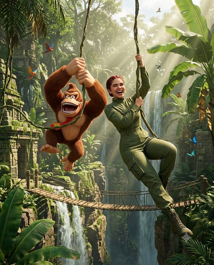 A woman and Donkey Kong swing through a lush jungle with waterfalls and ancient ruins.