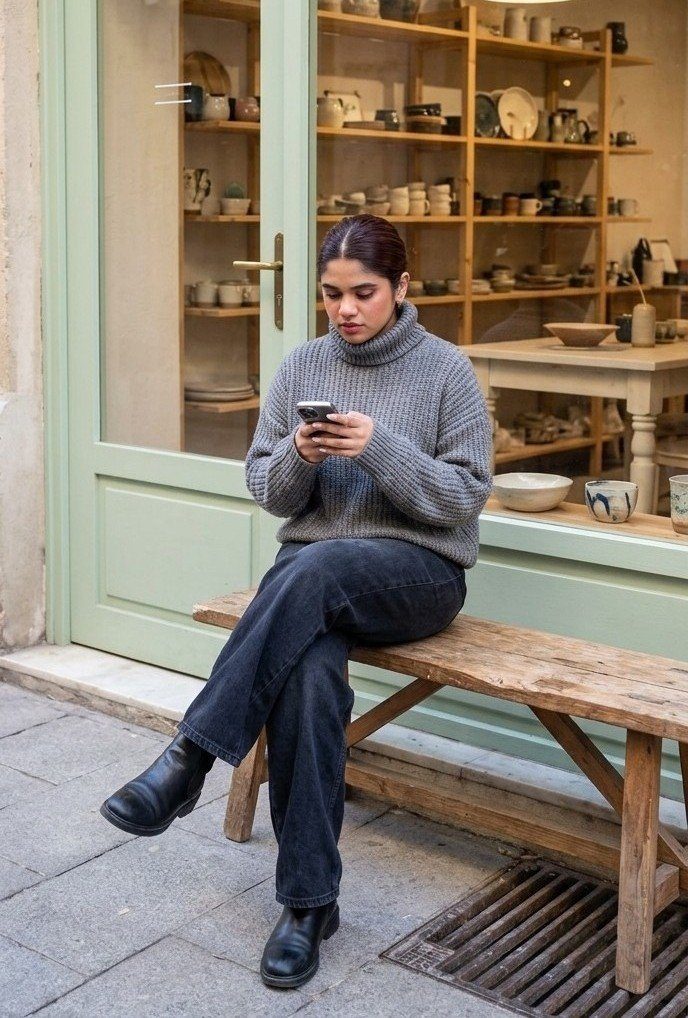 A woman in a grey turtleneck sweater and dark jeans sits on a wooden bench outside a pottery shop, looking at her phone.