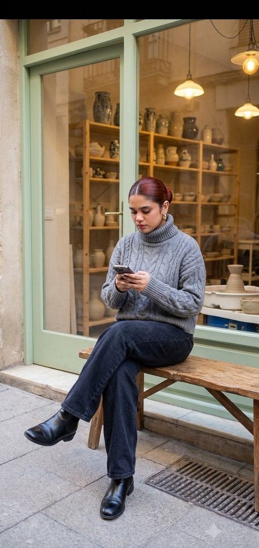 A woman with red hair in a grey knit sweater and dark jeans sits on a wooden bench outside a pottery shop, looking at her phone.