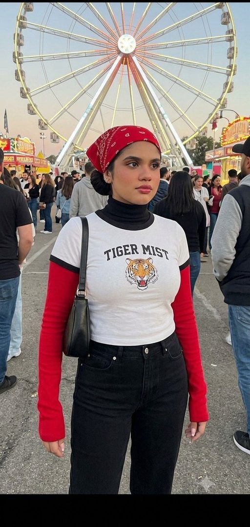 A young woman wearing a red bandana and a white 'Tiger Mist' t-shirt over a red long-sleeve top stands in front of a brightly lit Ferris wheel at a crowded festival.