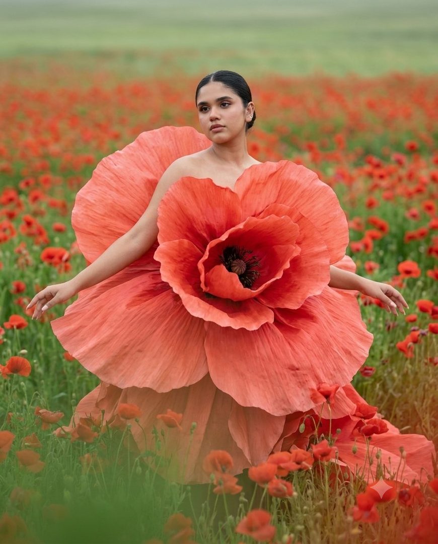A woman in a giant poppy petal dress stands in a field of poppies.