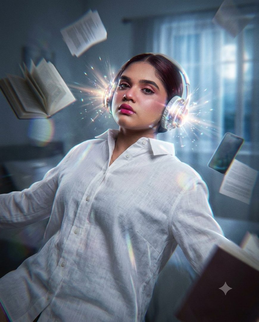 A young woman with headphones on, surrounded by floating books and a smartphone, with light bursts emanating from the headphones.