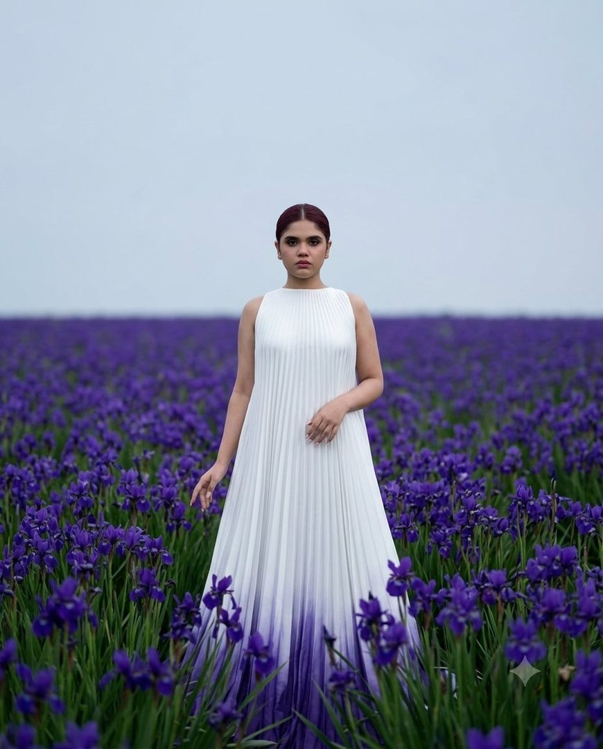 A woman in a white and purple pleated dress stands in a field of purple irises under a pale sky.