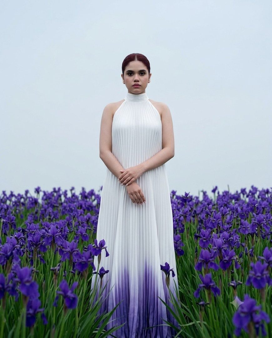 A woman in a white and purple dress stands in a field of purple irises under a pale sky.