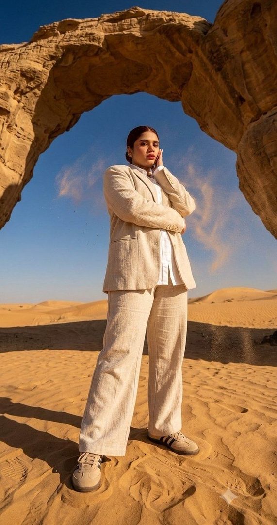 A woman in a beige linen suit stands under a natural stone arch in a desert landscape with golden sand dunes.