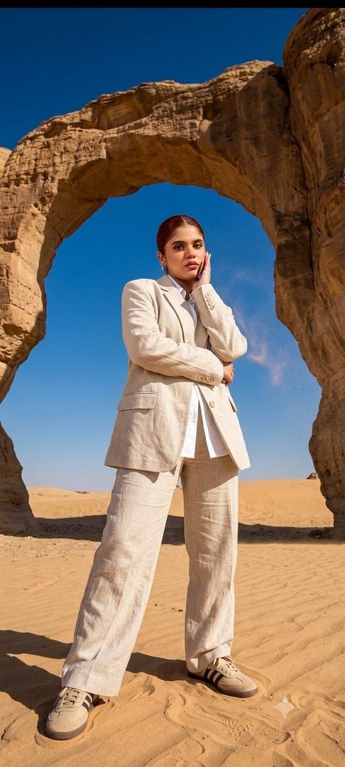 A woman in a beige linen suit and sneakers poses in a desert landscape under a natural stone arch.