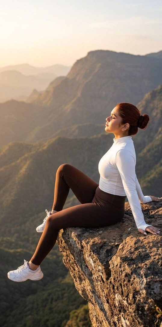 A woman with red hair in a white top and brown leggings sits on a mountain cliff, enjoying the golden hour light and scenic view.