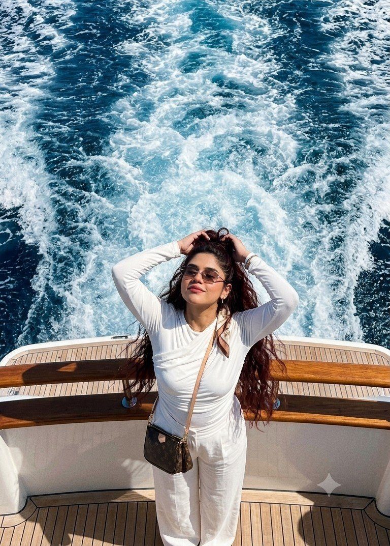 A woman in a white outfit stands on a yacht, with her hands in her long, wavy hair, against the backdrop of the sea and its wake.