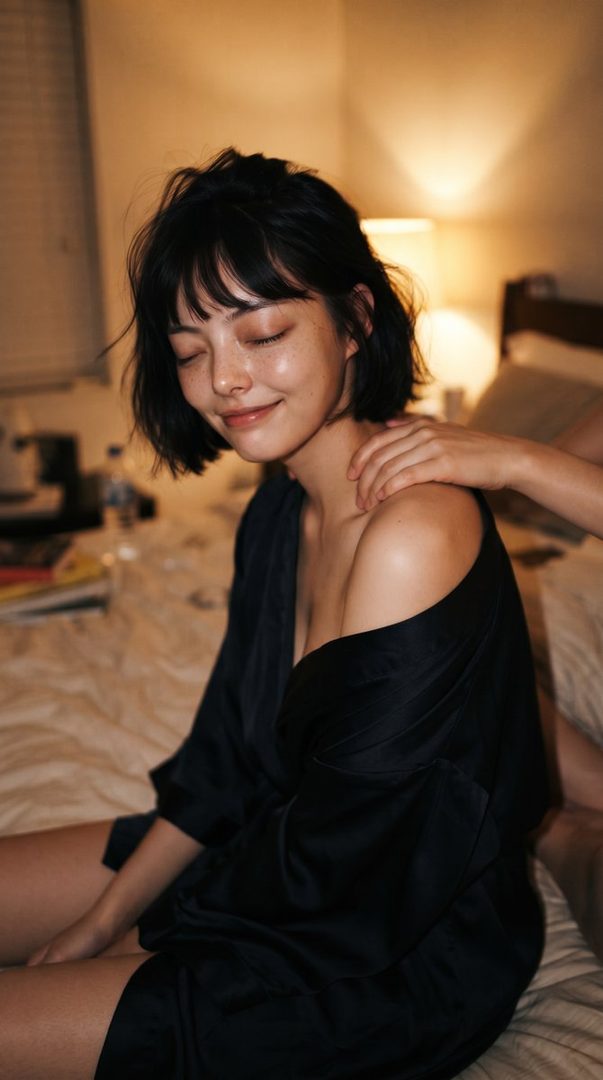 A young woman with short black hair and bangs, wearing a black robe, sits on a bed with her eyes closed and a gentle smile. Another person's hand is gently touching her shoulder.