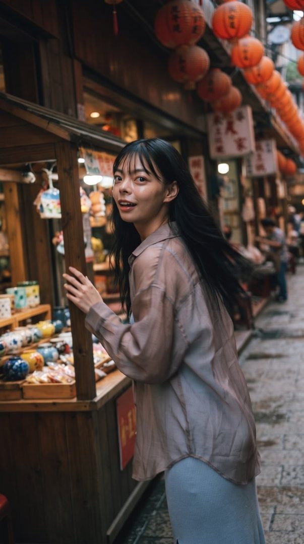 A young woman with long black hair smiles over her shoulder while walking down a street lined with market stalls and red lanterns.