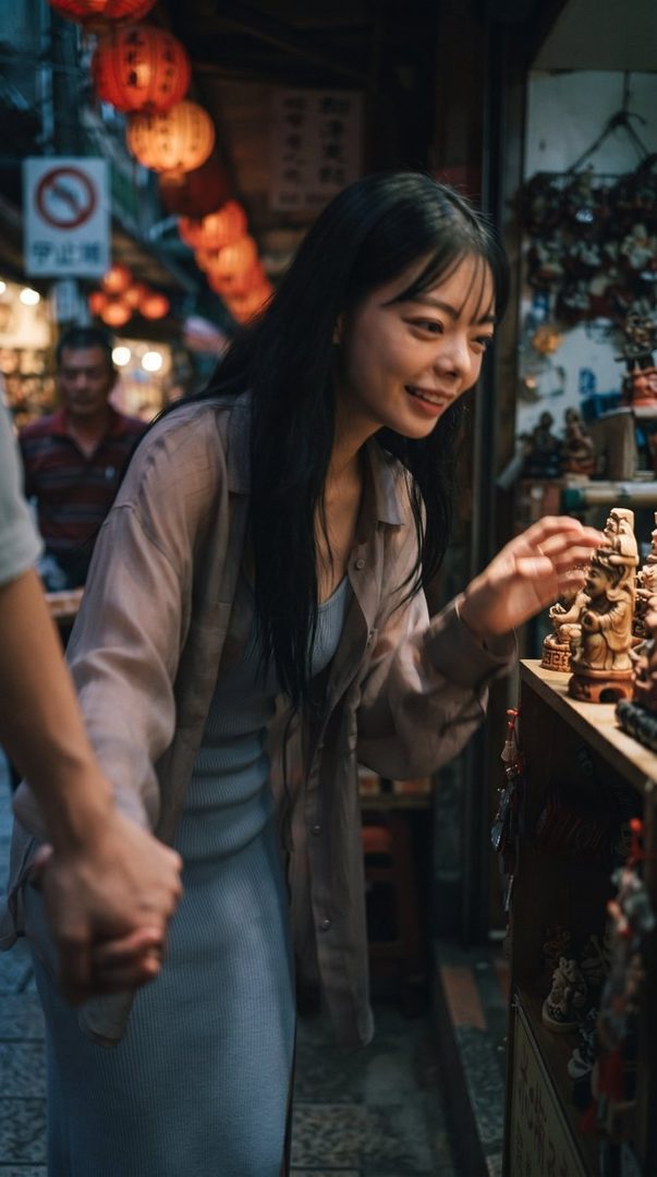 A young woman with long black hair smiles as she holds hands with someone off-camera, looking at a stall filled with small figurines in a bustling street market at night.