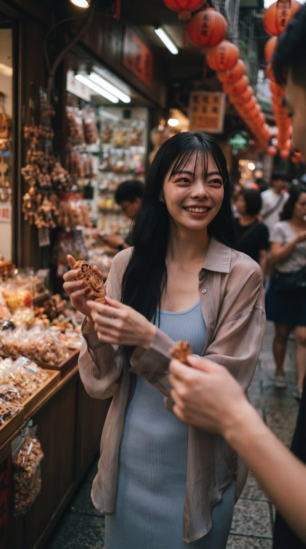 A young East Asian woman with long black hair and bangs smiles while holding a snack in a bustling street market.