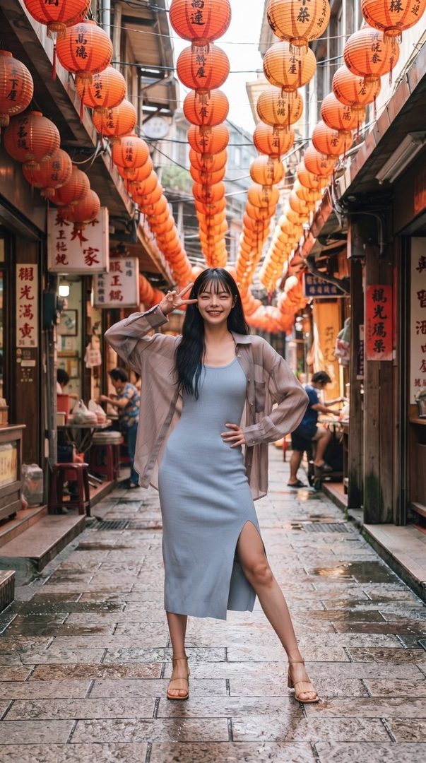 A young woman with long black hair and bangs, wearing a light blue dress and an open brown shirt, poses with a peace sign in a street lined with red lanterns.