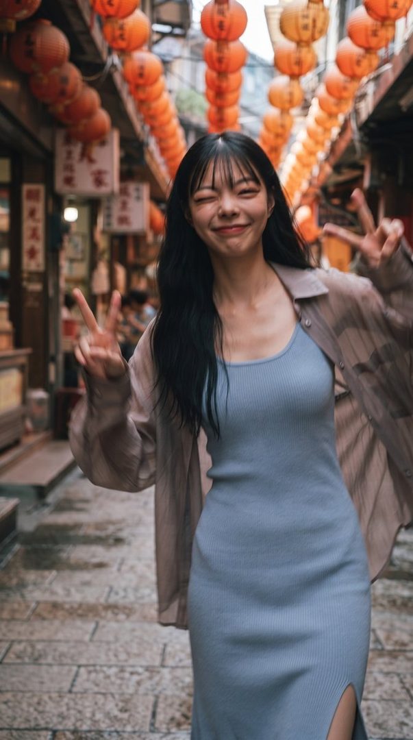 A young East Asian woman with long black hair and bangs smiles and makes a peace sign while walking down a street lined with red lanterns.