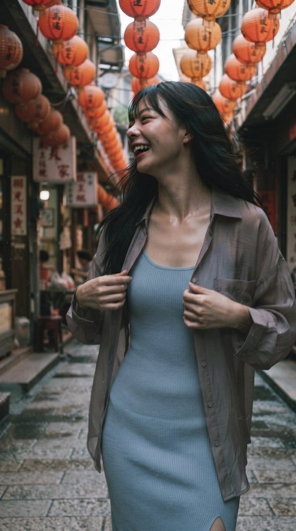 A young woman with long dark hair laughs while walking down a narrow street lined with traditional lanterns.