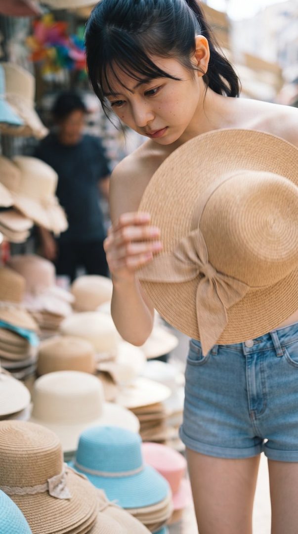 A young East Asian woman with black hair in a ponytail, wearing denim shorts, looks down at a straw hat with a bow in a market stall.