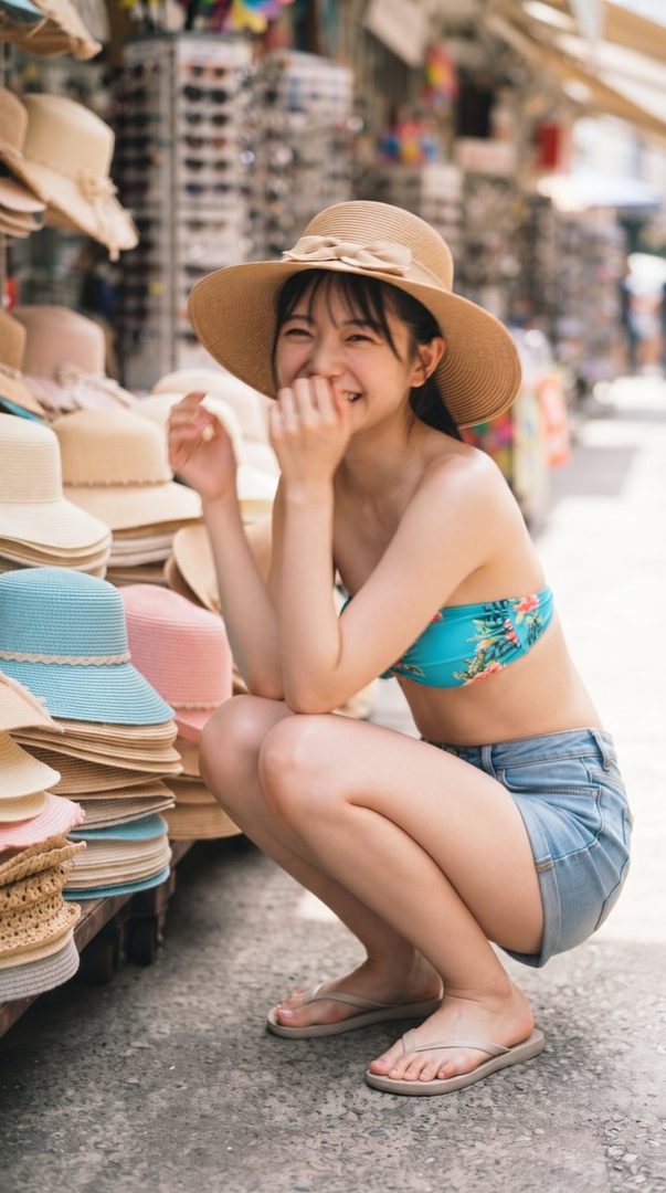 A young woman wearing a straw hat and a floral bikini top with denim shorts, crouching in front of a stall selling hats.